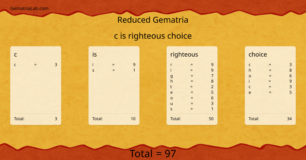 c is righteous choice in reduced Gematria